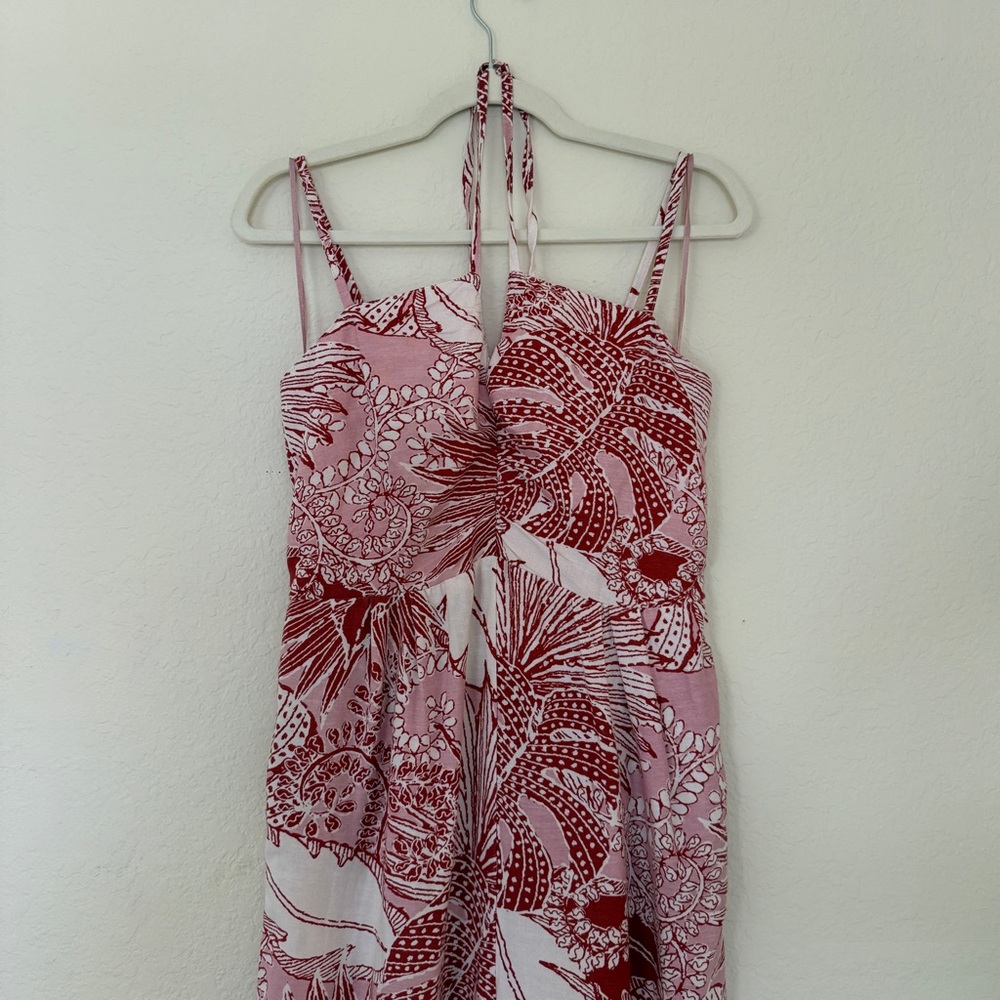 🆕 NWOT Women’s Red and White Floral Halter Linen Blend Jumpsuit